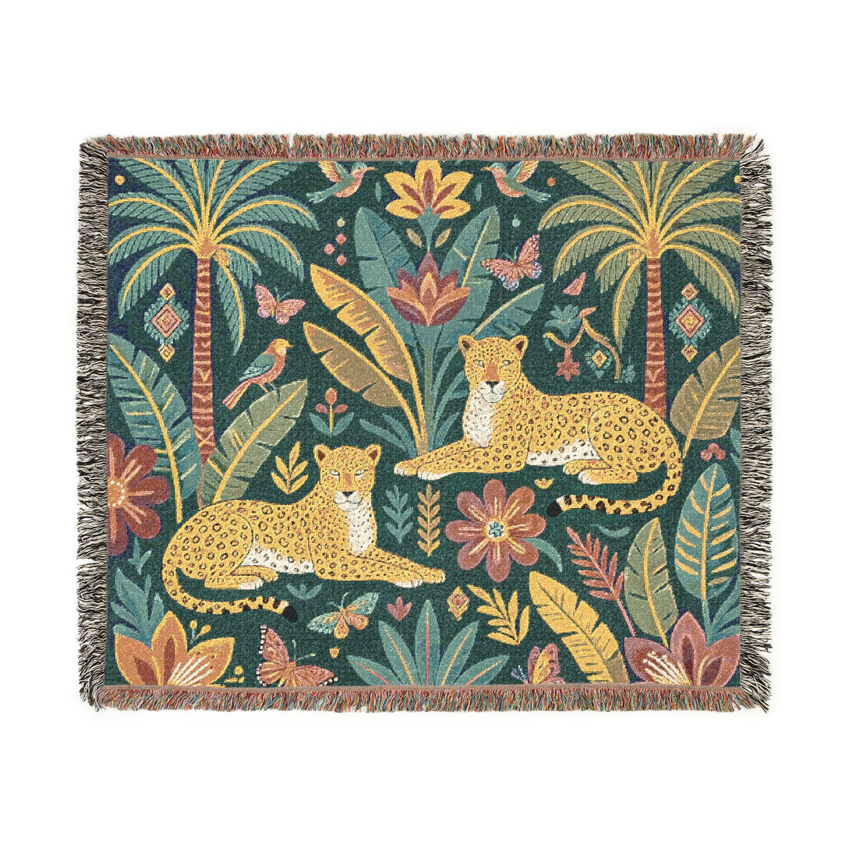 Tropical Leopard Tapestry woven blanket | jungle palm motif, floral tapestry throw