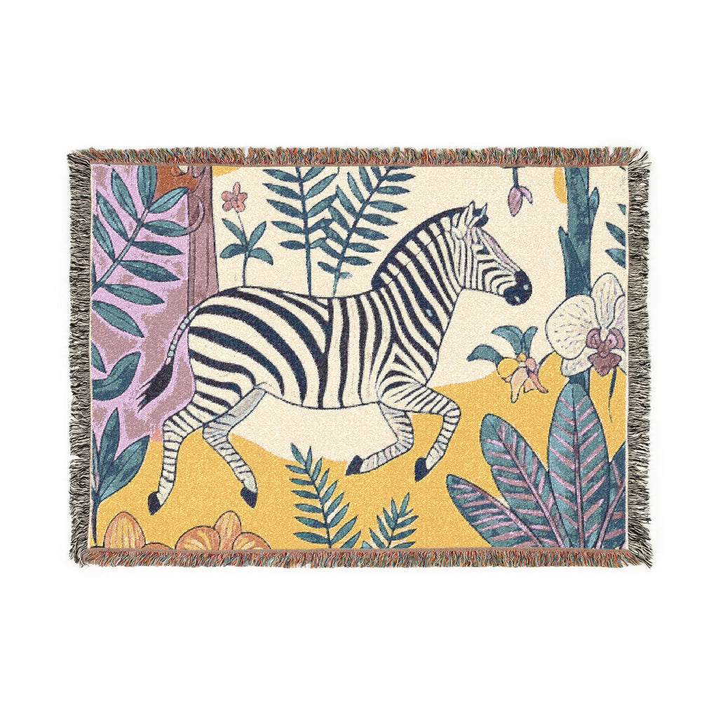 Zebra Jungle Illustration Woven Blanket | Botanical Animal Throw