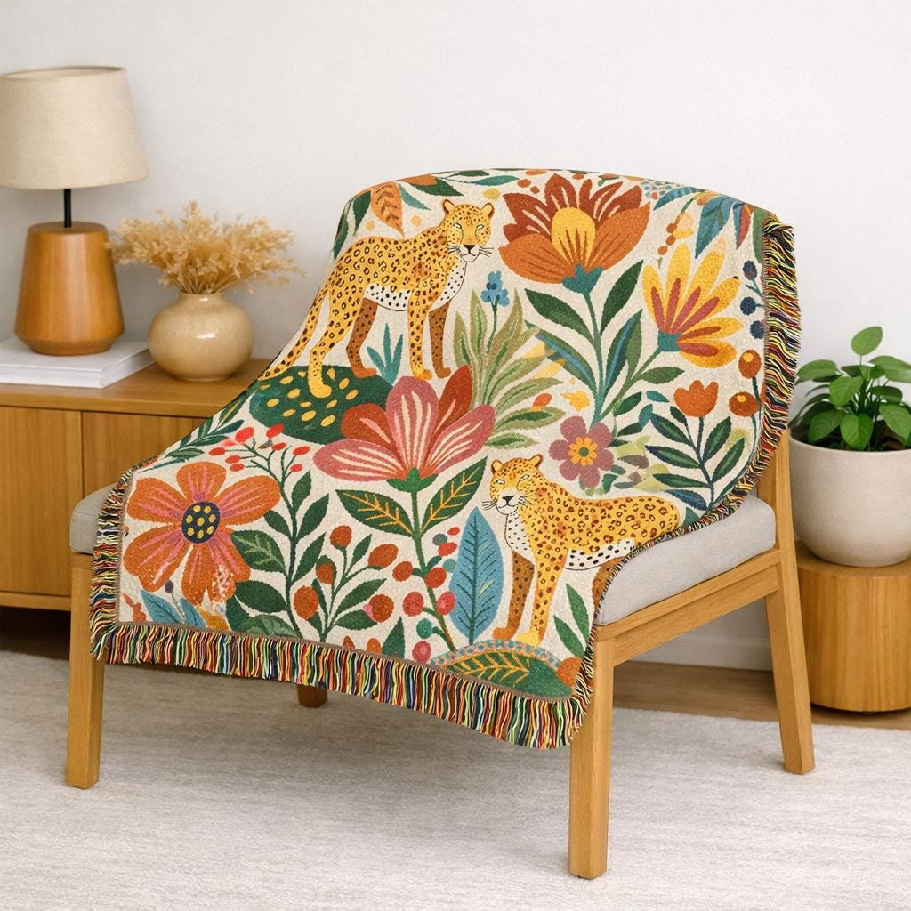 Floral Leopard Pattern Woven Blanket | Botanical Jungle Throw