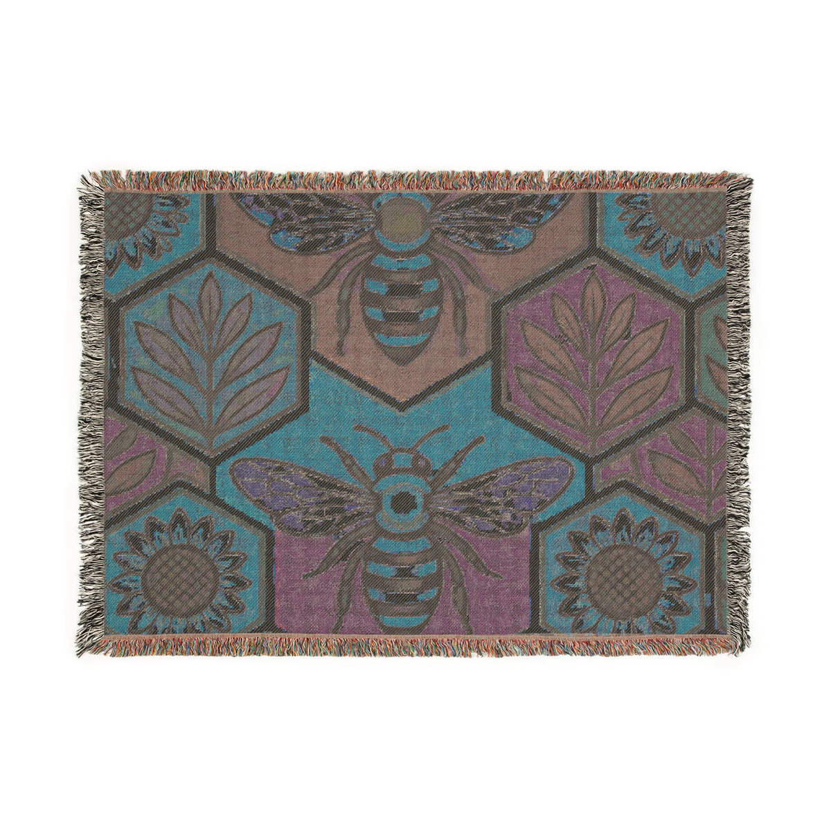 Bee and Sunflower Hexagon Woven Blanket | Honeybee Tapestry Throw