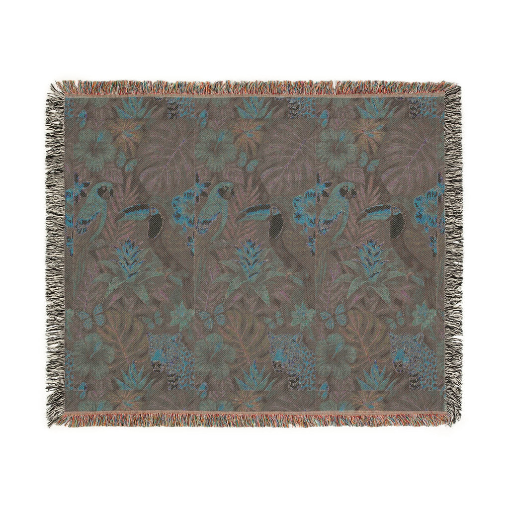 Tropical Toucan Floral Woven Blanket | Jungle Leaves Tapestry Throw