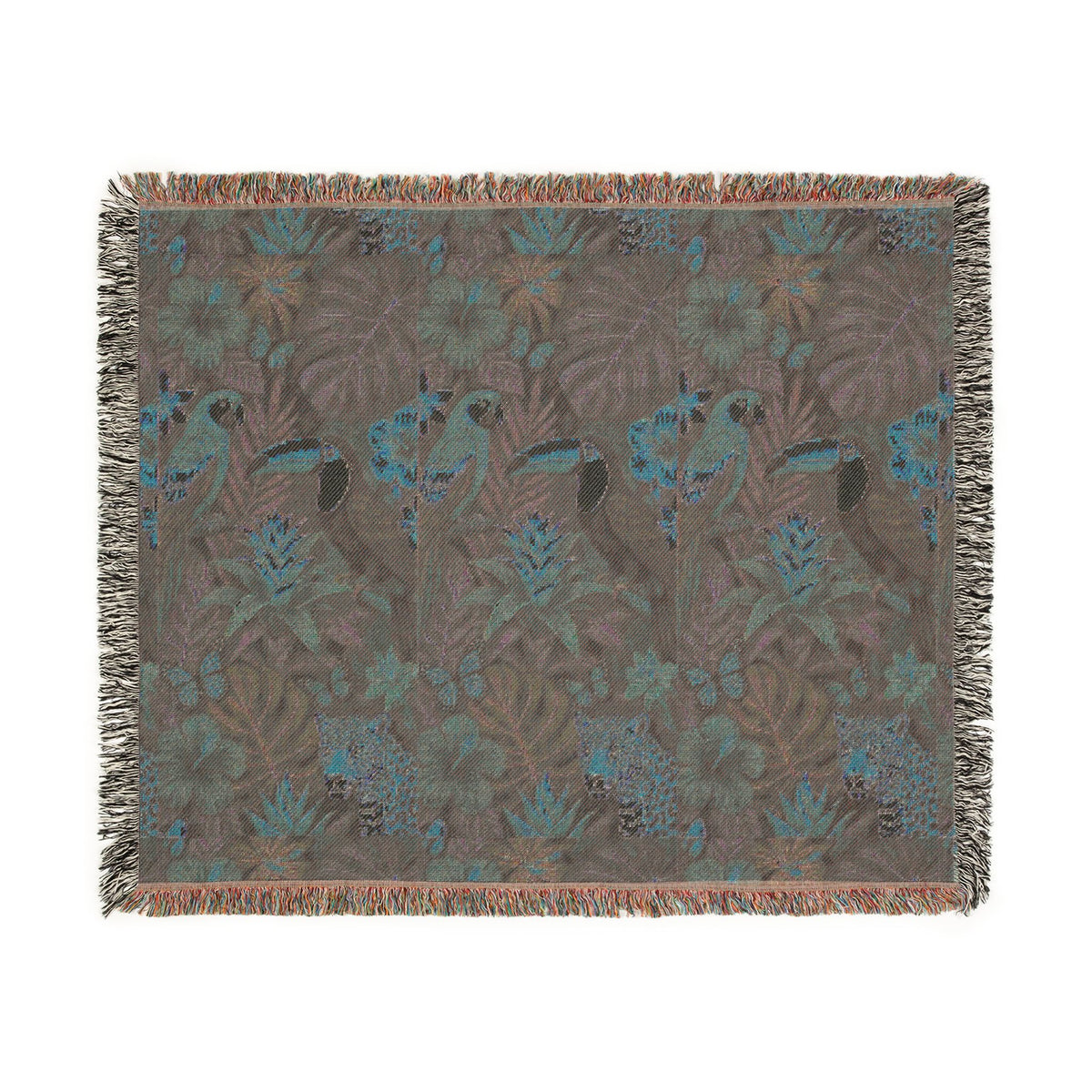 Tropical Toucan Floral Woven Blanket | Jungle Leaves Tapestry Throw