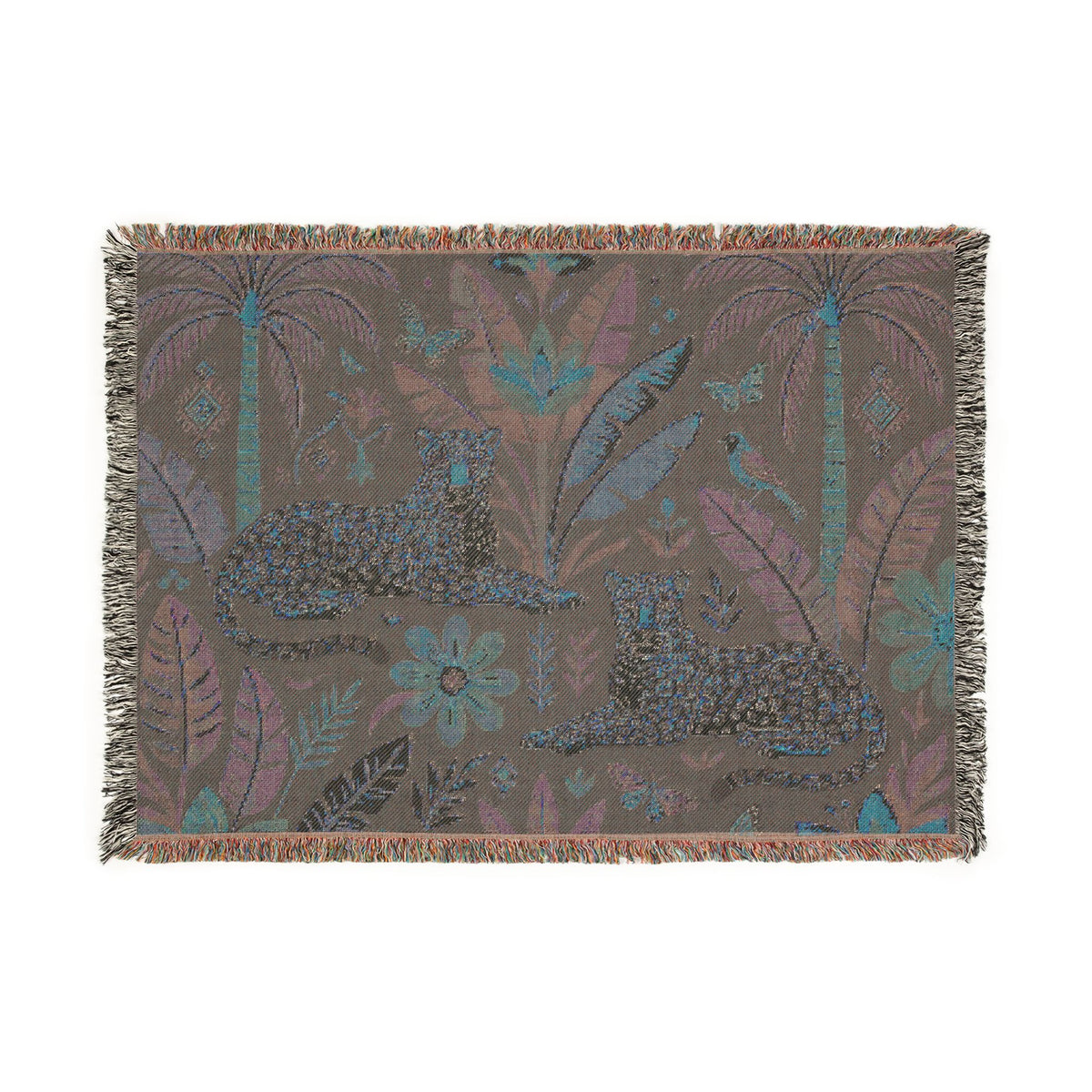 Tropical Leopard Tapestry woven blanket | jungle palm motif, floral tapestry throw
