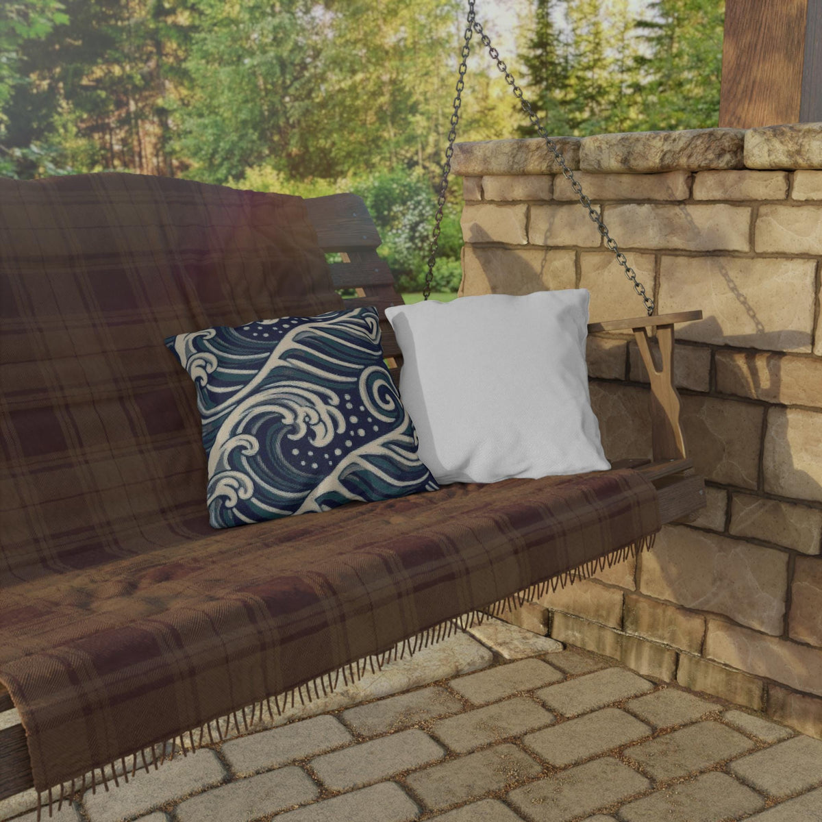 Navy Ocean Waves Outdoor Pillow | Coastal Wave Pattern Throw Pillow