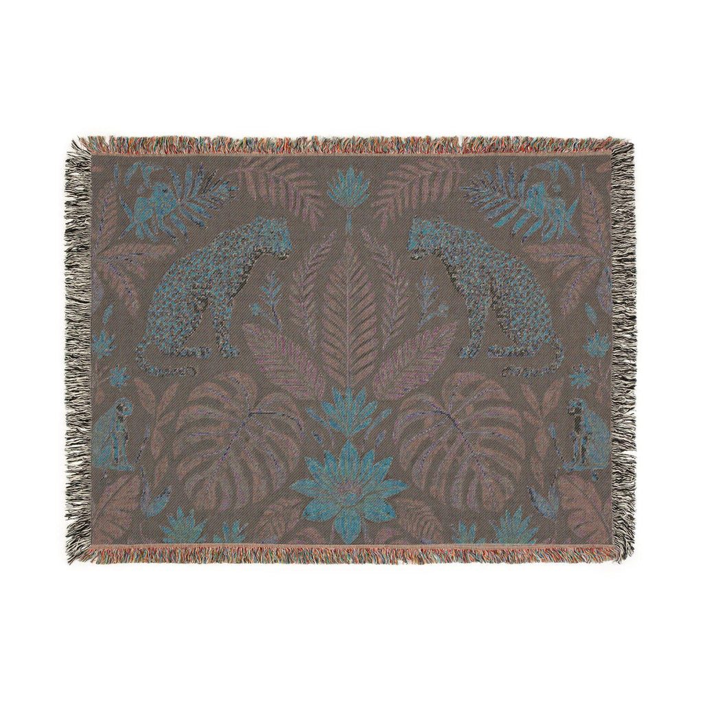 Tropical Leopard Jungle Woven Blanket | Botanical Throw, Tapestry Style