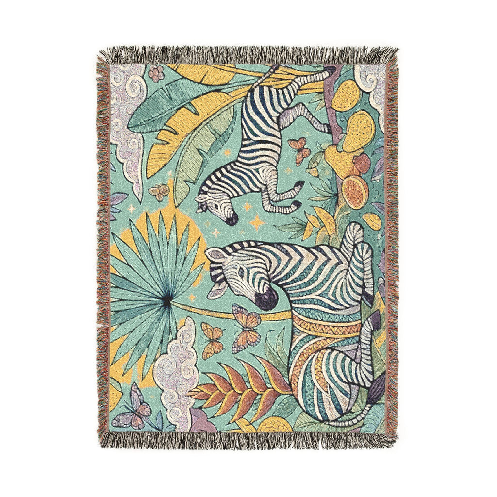 Jungle Zebras Woven Blanket | Tropical Animal Tapestry Throw