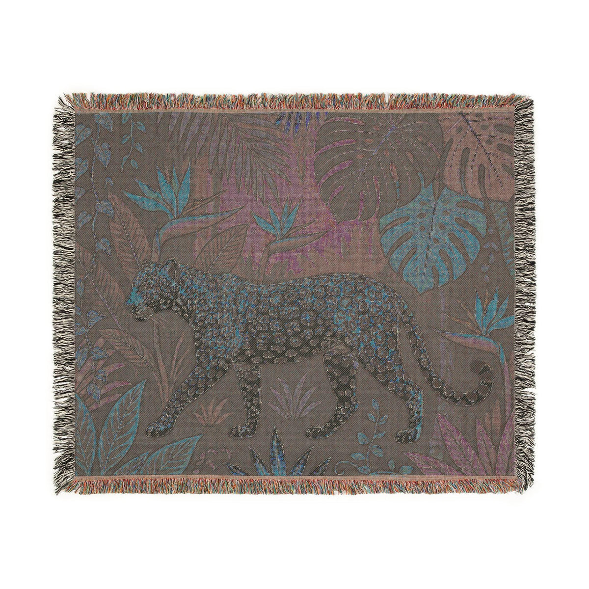 Leopard Jungle Tapestry Woven Blanket | Tropical Leaves, Botanical Throw