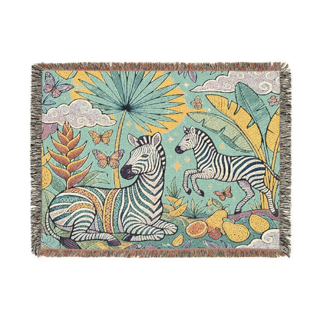 Jungle Zebras Woven Blanket | Tropical Animal Tapestry Throw