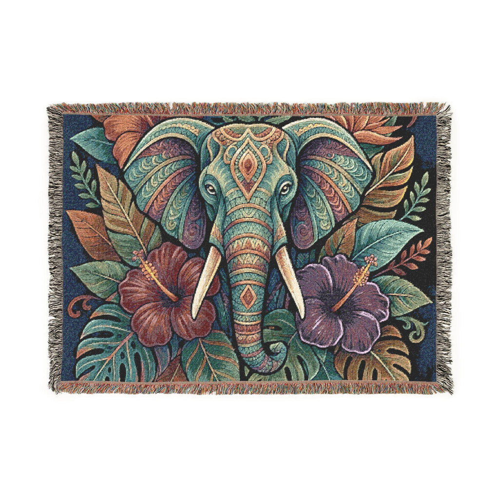 Colorful Boho Elephant Woven Blanket | Floral Tribal Elephant Throw