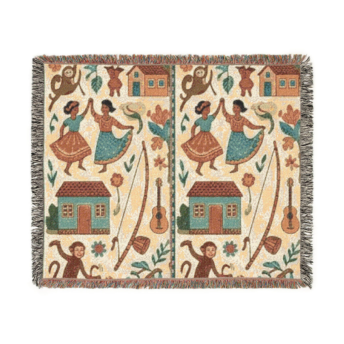 Folk Dance Pattern Woven Blanket | Southwestern House and Guitar Throw