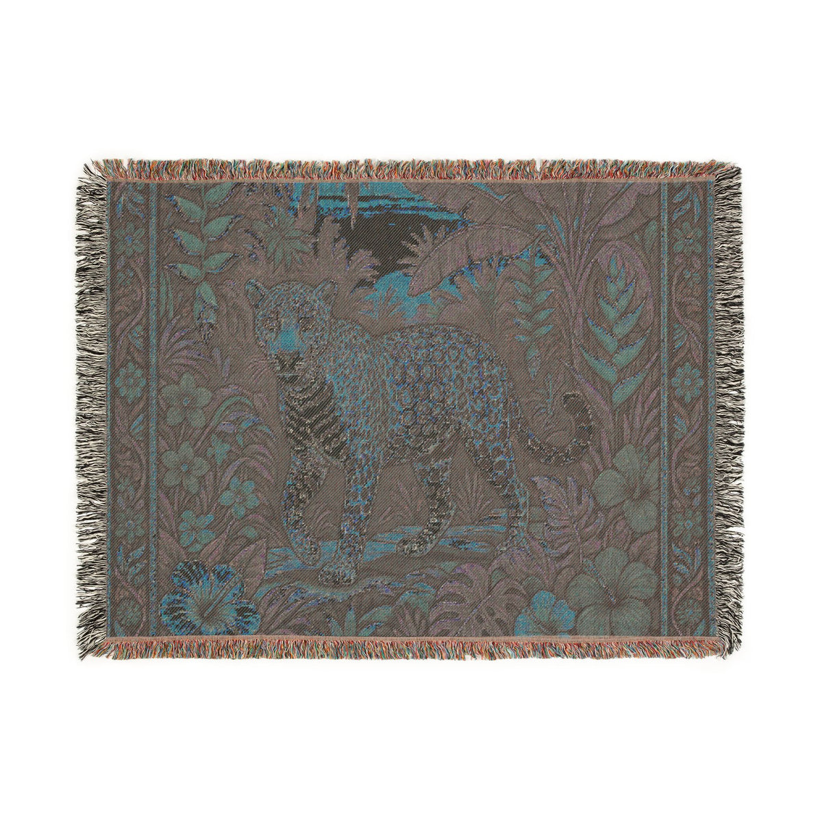 Jungle Leopard Woven Blanket | Tropical Floral Tapestry Throw