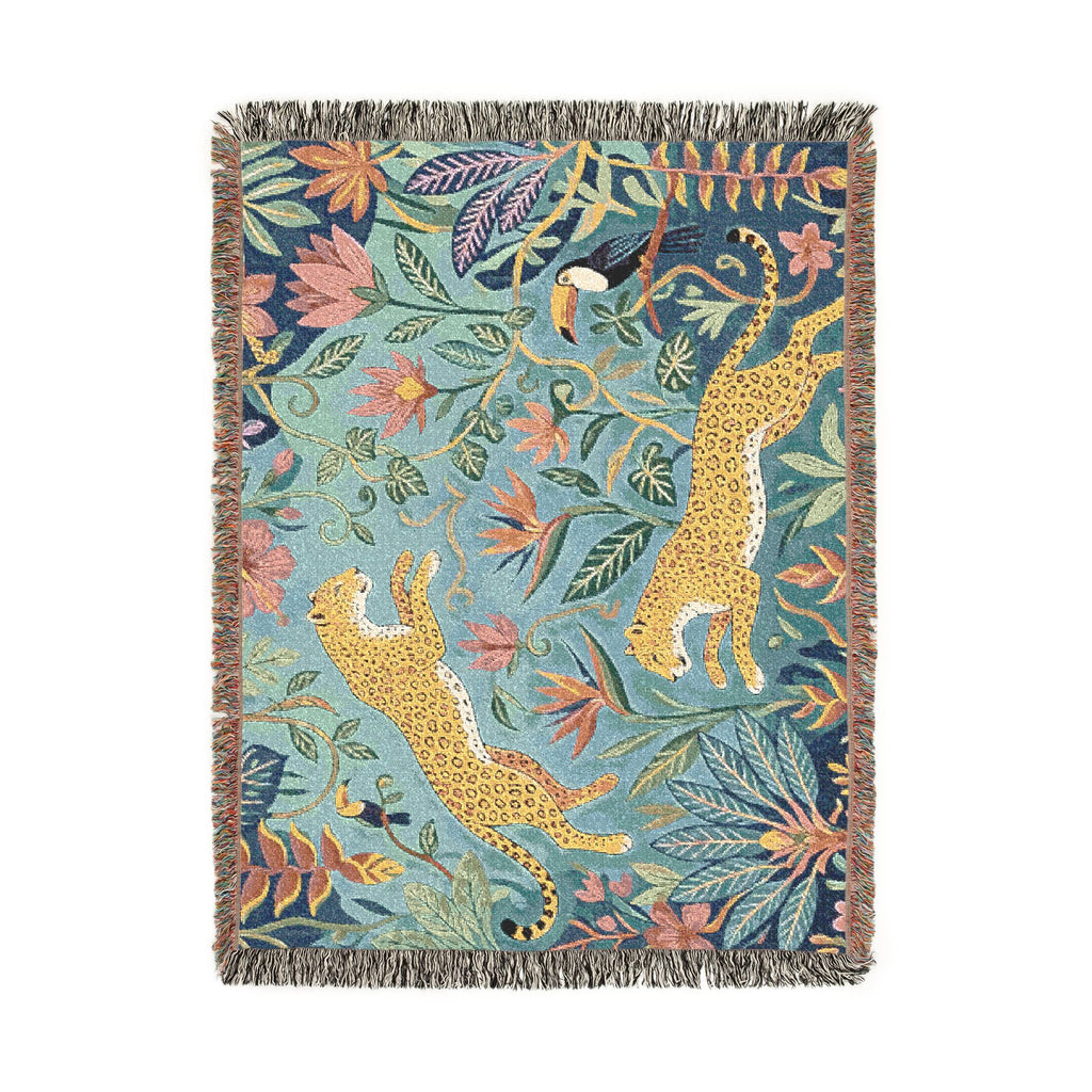 Leopard Jungle Tapestry Woven Blanket | Botanical Animal Throw