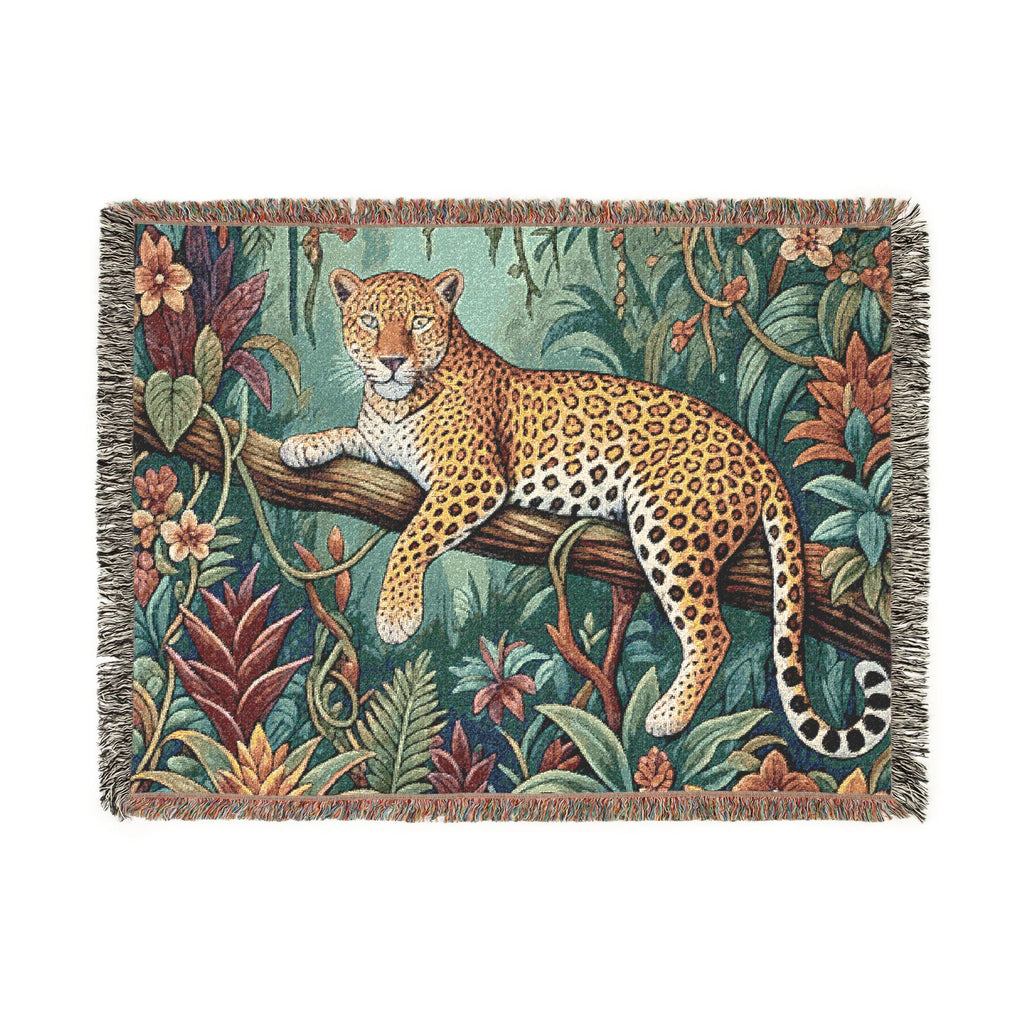 Leopard in Tropical Jungle Woven Blanket | Tapestry Throw with Fringe