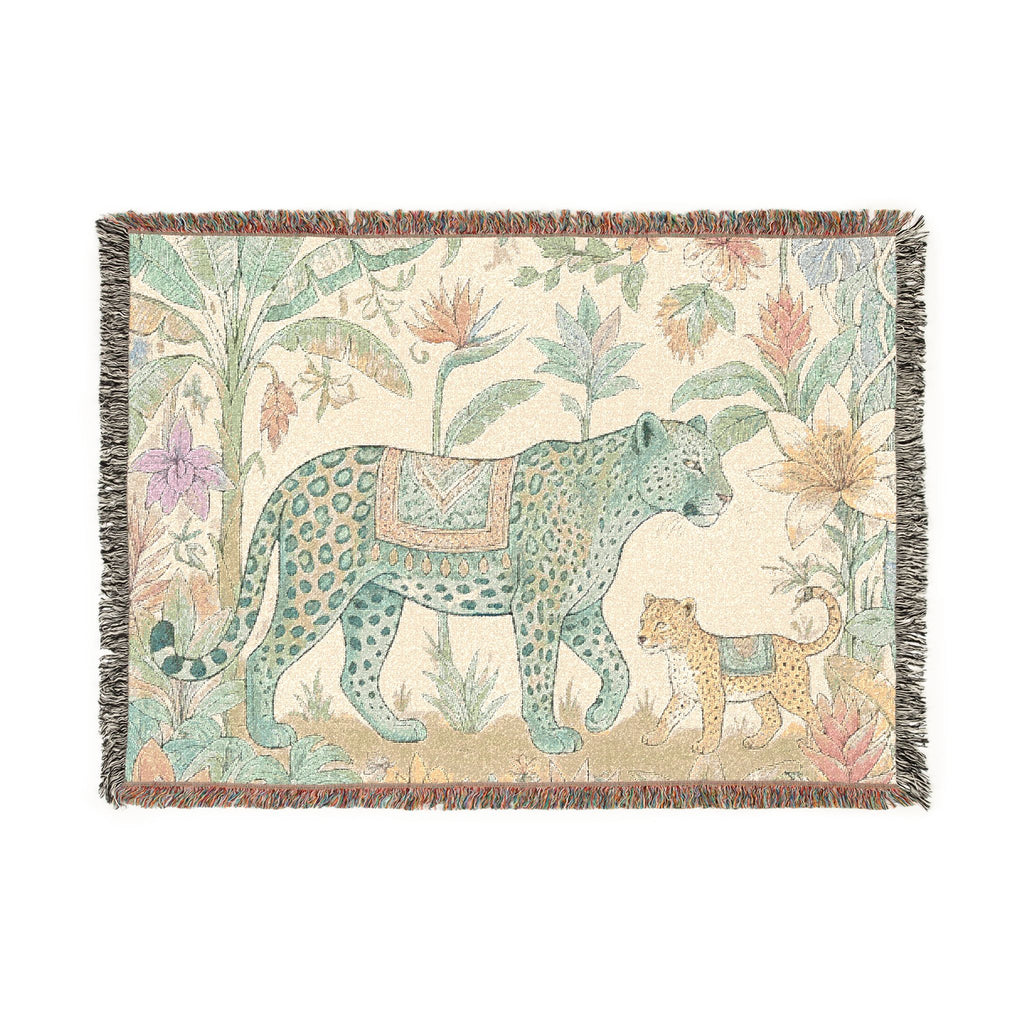 Leopard & Cub Floral Tapestry Woven Blanket | Boho Jungle Animal Throw