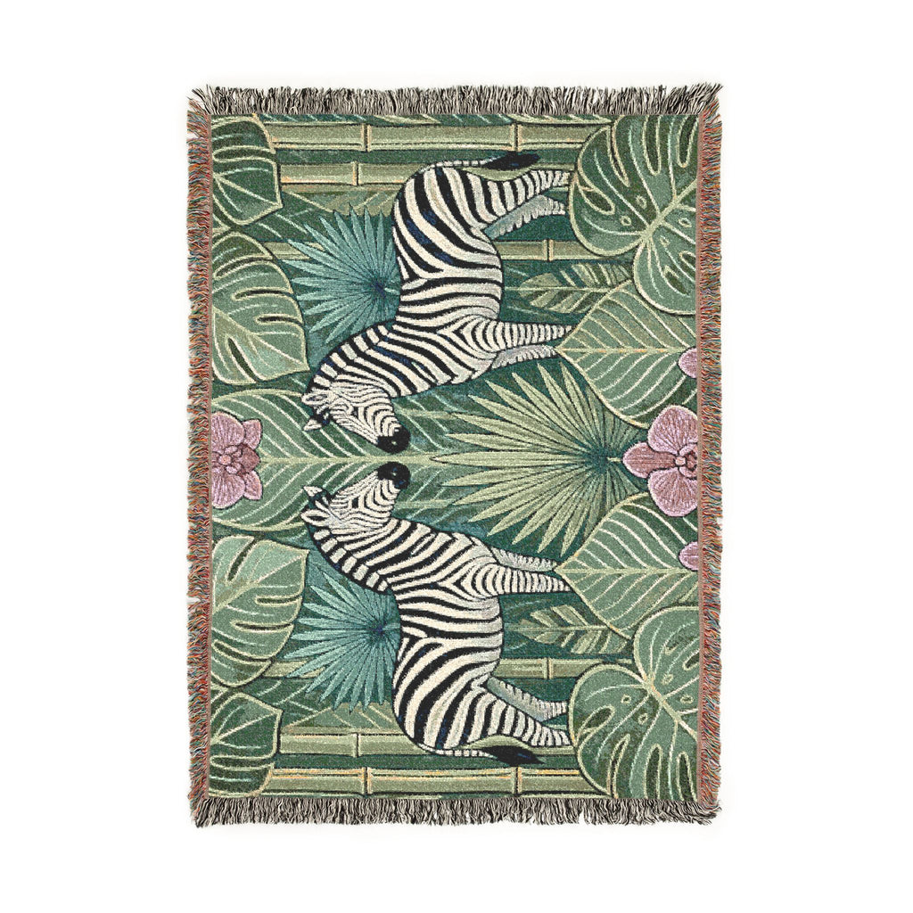 Art Deco Zebra Tapestry Woven Blanket | Jungle Palm Motif