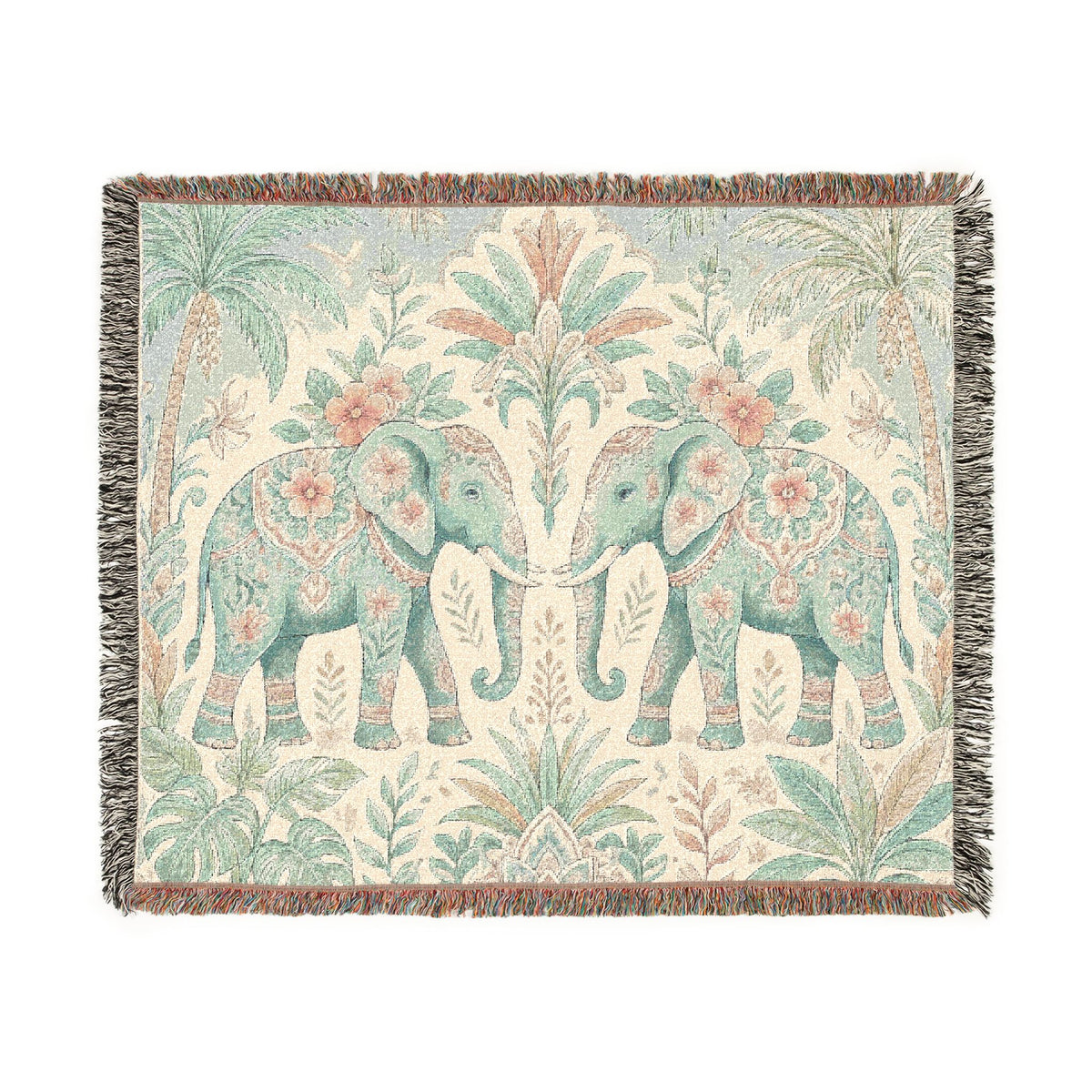 Boho Elephant Tapestry Woven Blanket | Palm Tree Floral Pattern