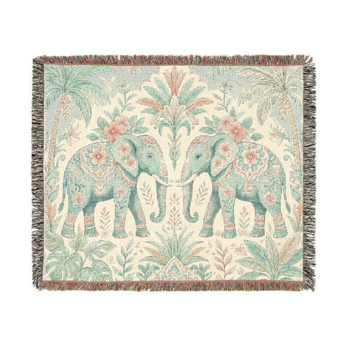 Boho Elephant Tapestry Woven Blanket | Palm Tree Floral Pattern
