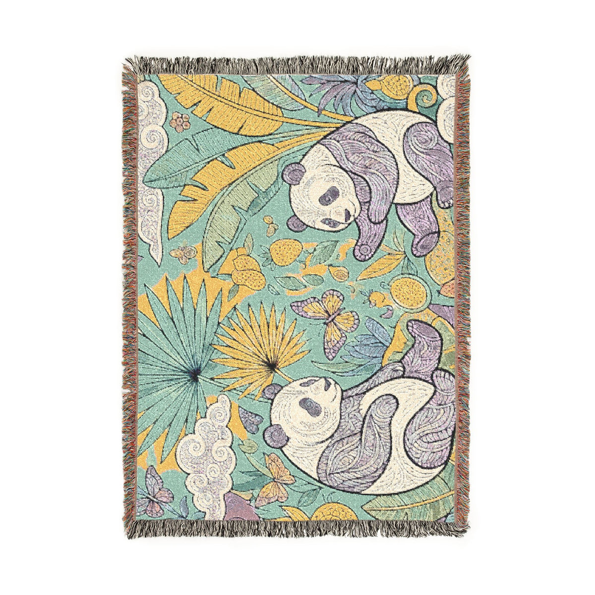 Panda Floral Tapestry Woven Blanket | Jungle Leaves, Sunflower Motif