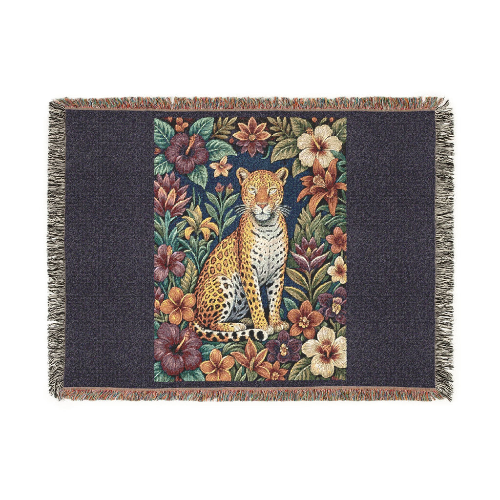 Floral Leopard Tapestry Woven Blanket | Vintage Botanical Cat Motif