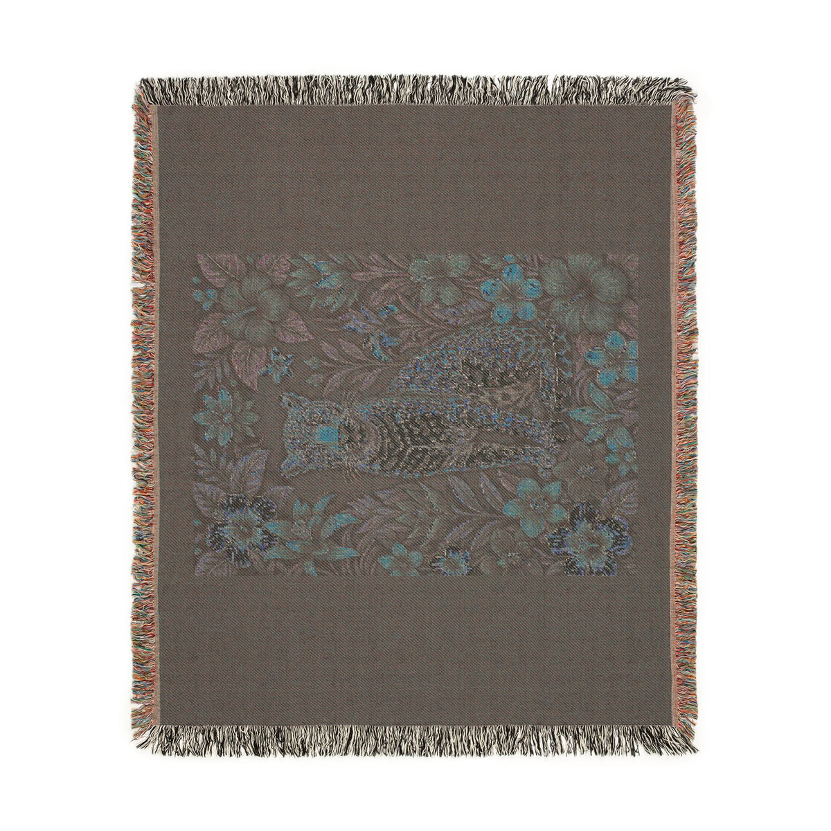 Floral Leopard Tapestry Woven Blanket | Vintage Botanical Cat Motif