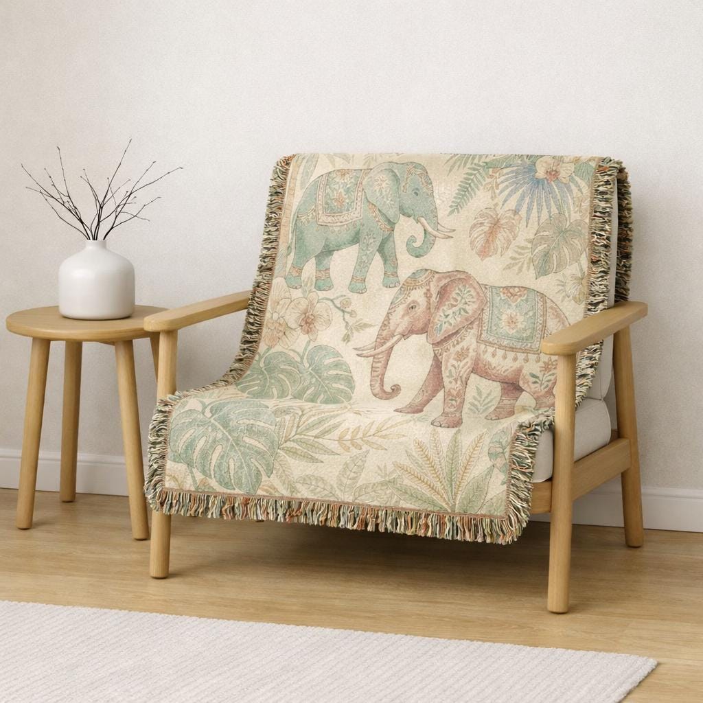 Boho Elephant Tapestry Woven Blanket | Jungle Safari Throw