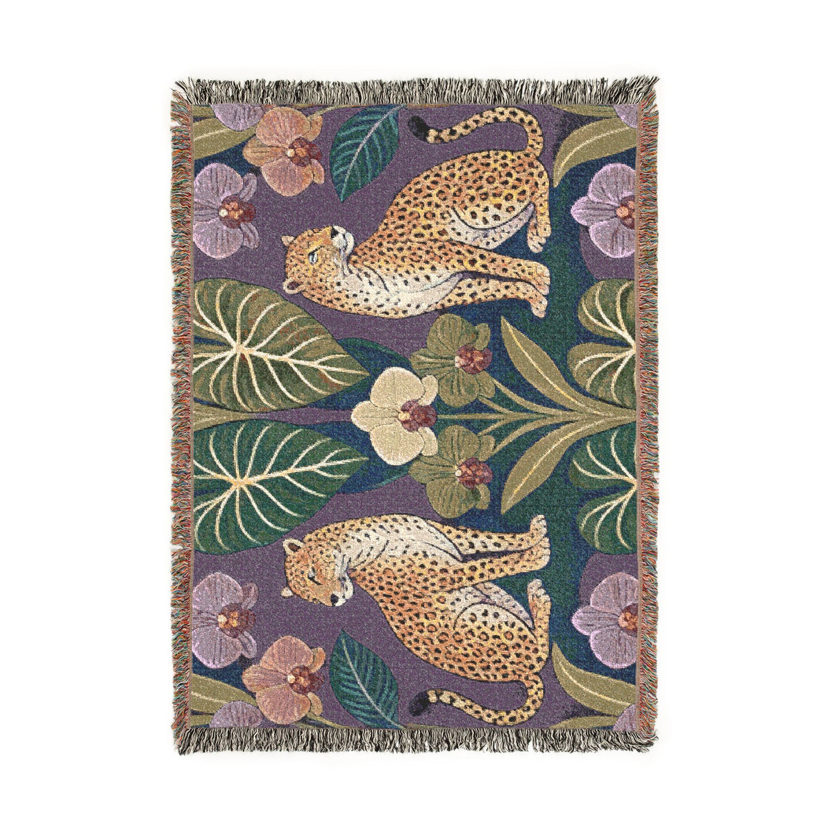 Leopard Botanical Woven Blanket | Tropical Leaves, Orchid Motif