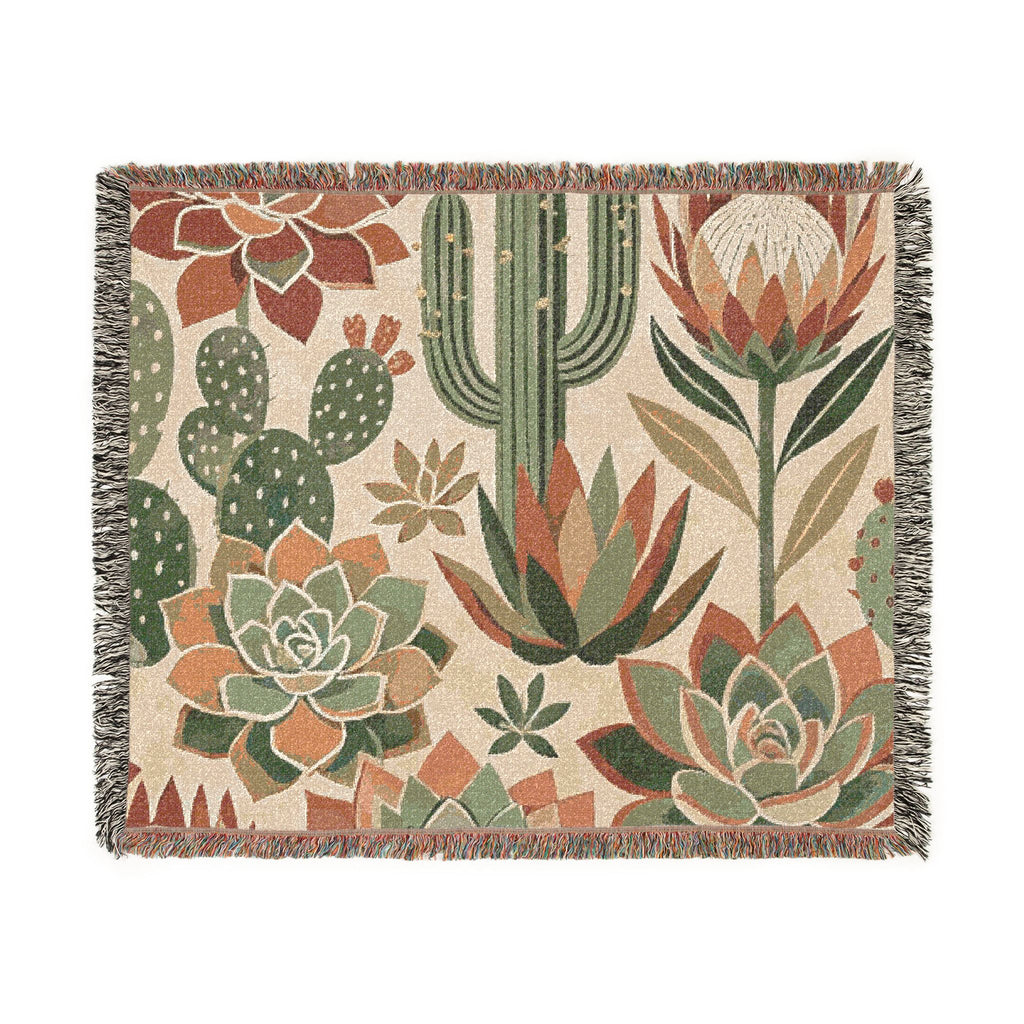 Desert Cactus Woven Blanket, Southwestern Succulent Throw | Woven Blanket