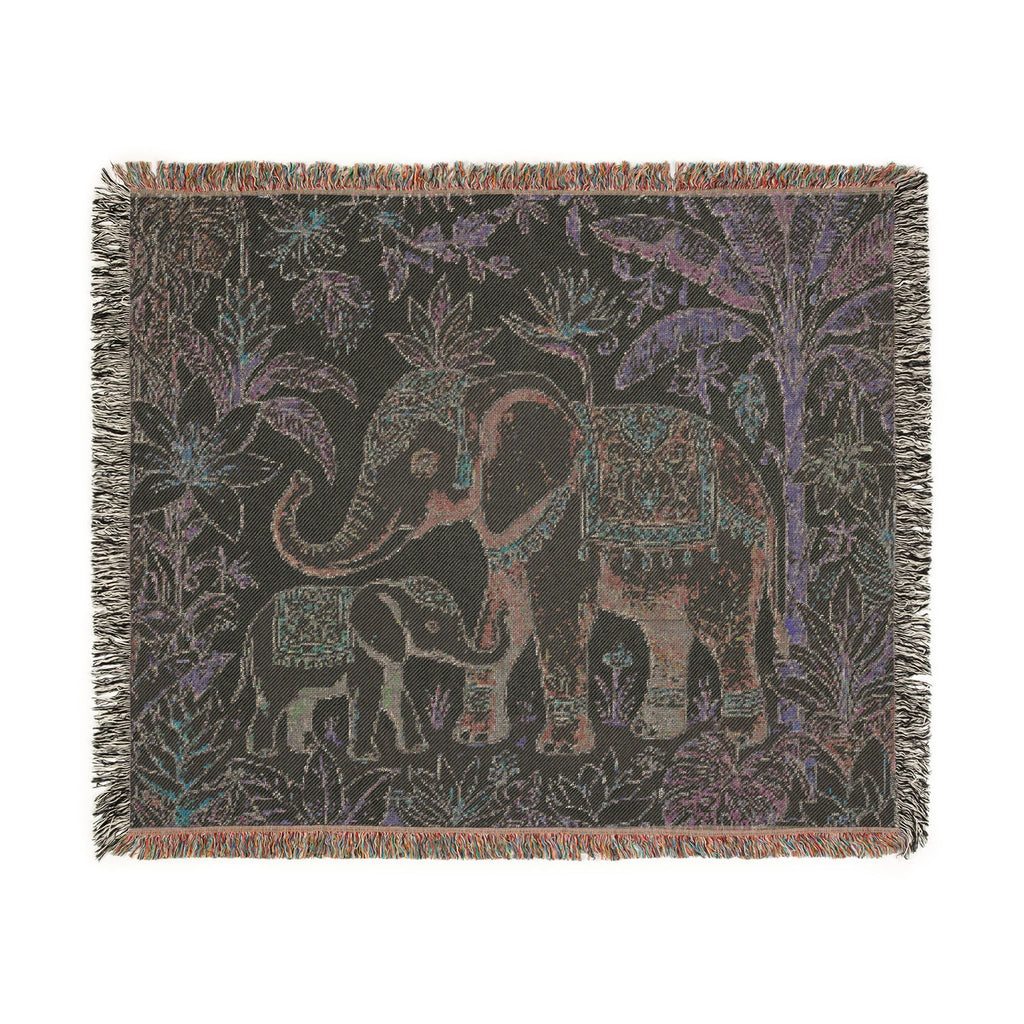 Boho Elephant Family Woven Blanket | Tapestry Throw, Jungle Floral