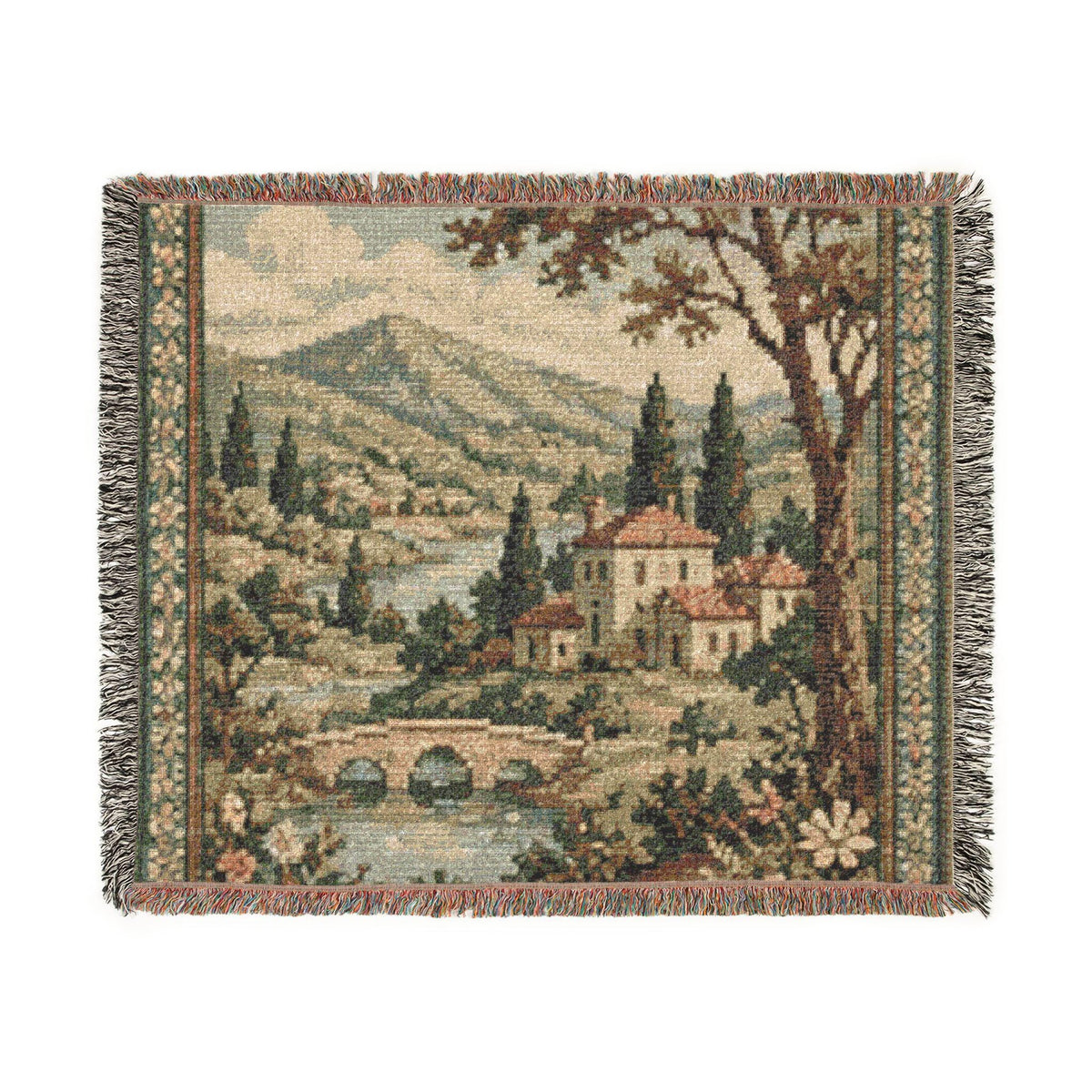 Vintage Cottage Landscape Woven Blanket | Scenic Tapestry Throw
