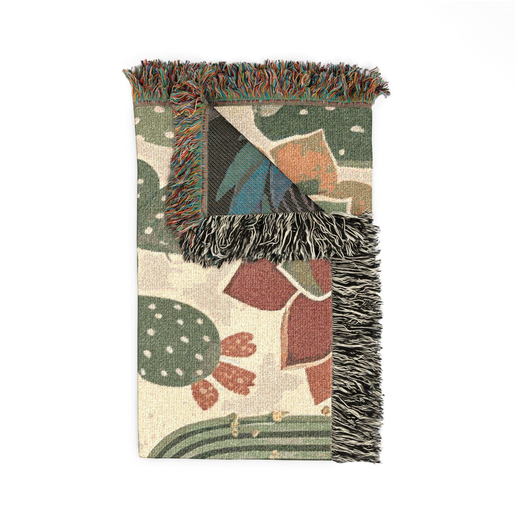 Southwestern Cactus Succulent Woven Blanket, Desert Botanical Throw, 100% Cotton Fabric
