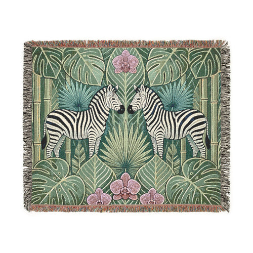 Art Deco Zebra Tapestry Woven Blanket | Jungle Palm Motif