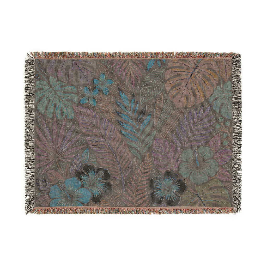 Tropical Floral Woven Blanket | Botanical Leaves Hibiscus Throw