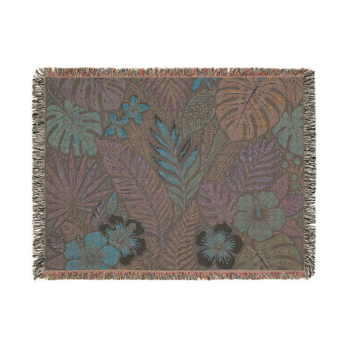 Tropical Floral Woven Blanket | Botanical Leaves Hibiscus Throw