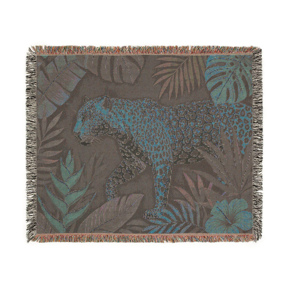 Leopard Jungle Woven Blanket | Tropical Foliage Tapestry Throw