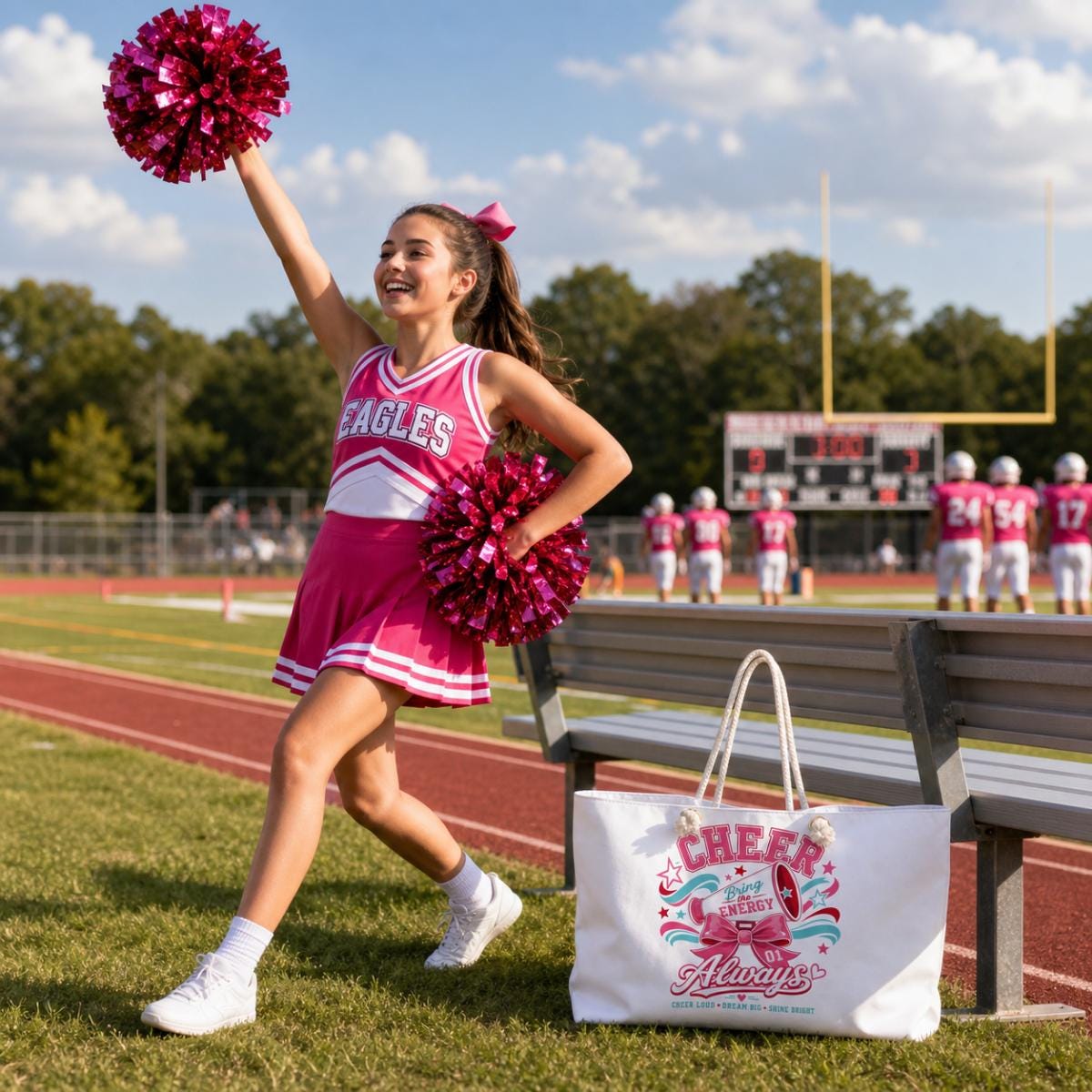 Cheer Bow Megaphone Design Weekender | Cheerleading Tote Bag, Pink Energy