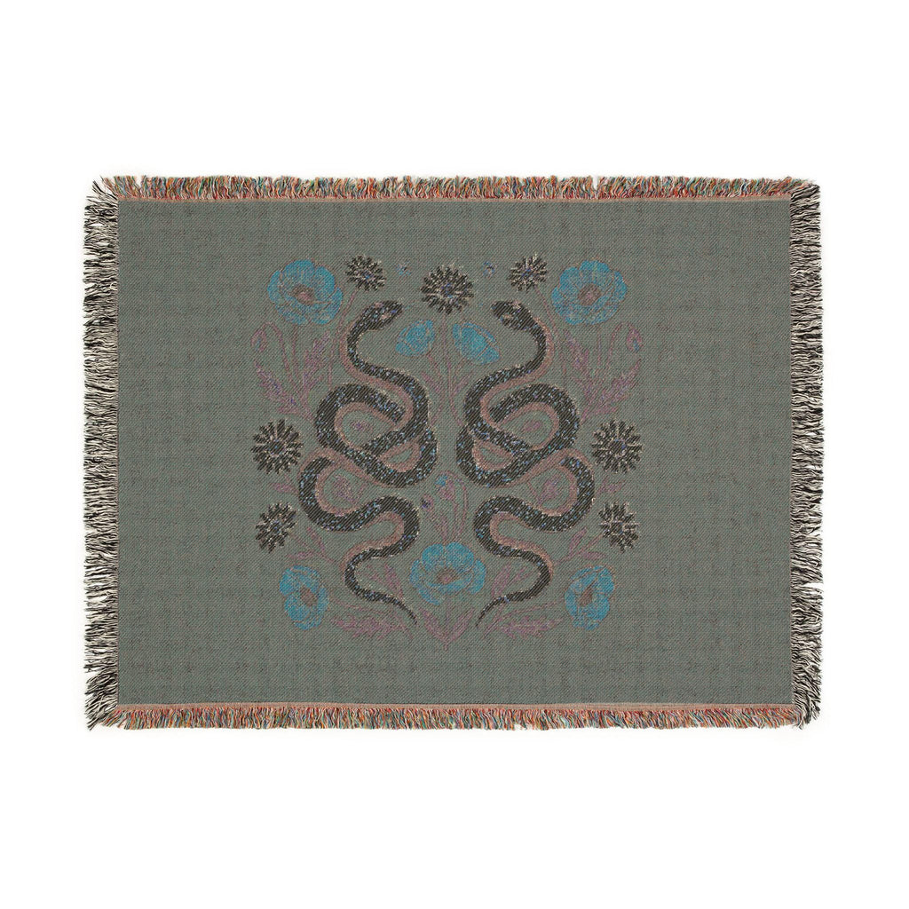 Floral Snakes Woven Blanket | Botanical Serpent Throw, Boho Tapestry