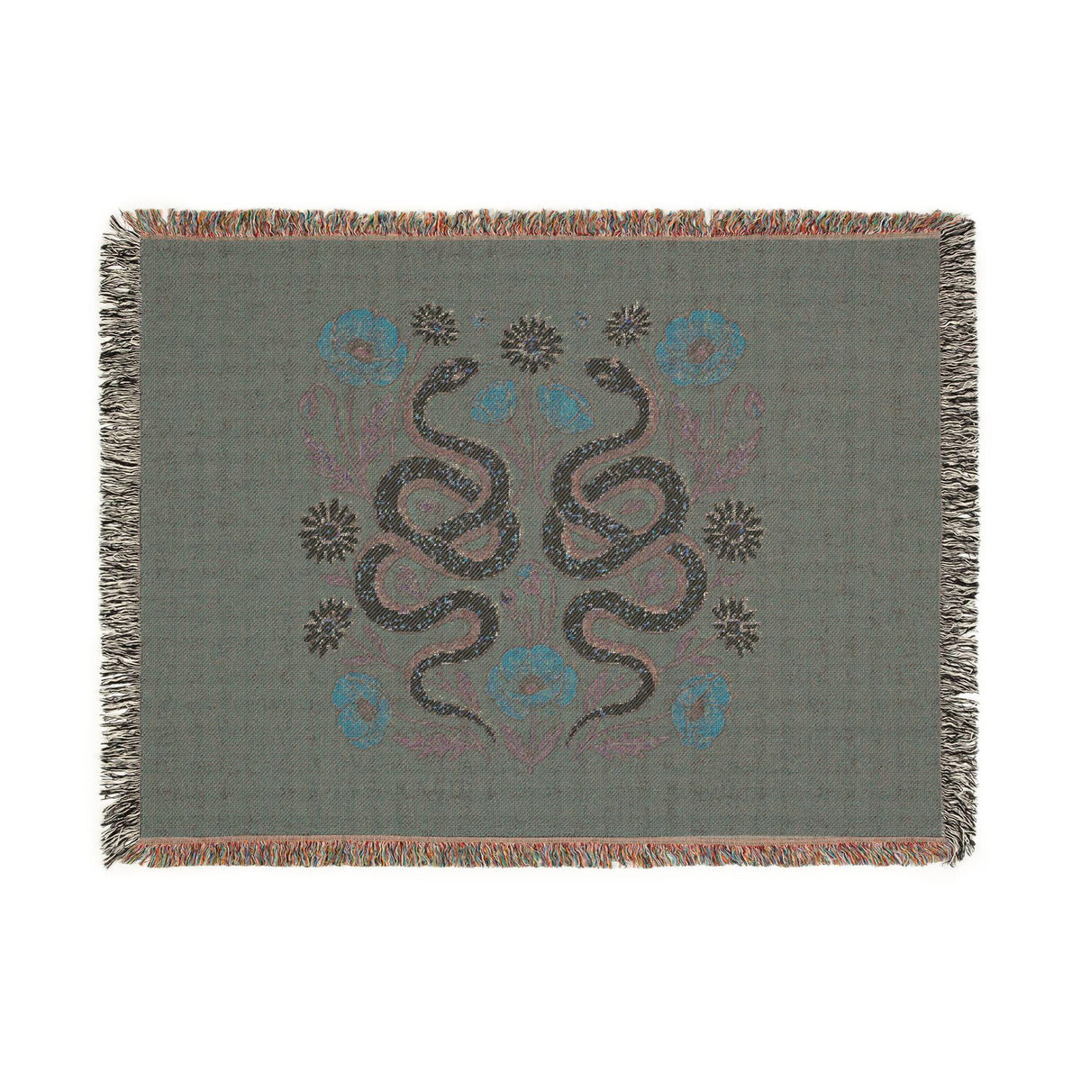 Floral Snakes Woven Blanket | Botanical Serpent Throw, Boho Tapestry