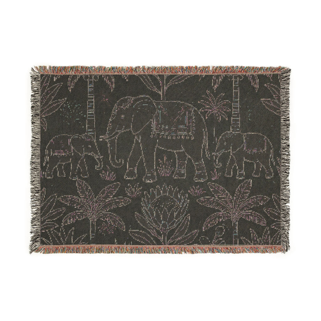 Boho Elephant Family Woven Blanket | Tropical Palm Tapestry Throw