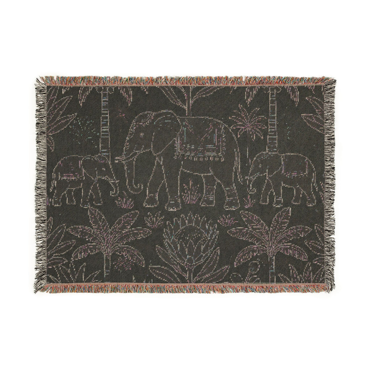 Boho Elephant Family Woven Blanket | Tropical Palm Tapestry Throw