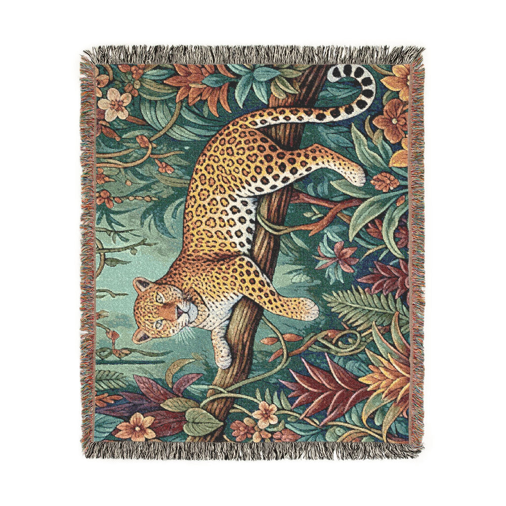Leopard in Tropical Jungle Woven Blanket | Tapestry Throw with Fringe