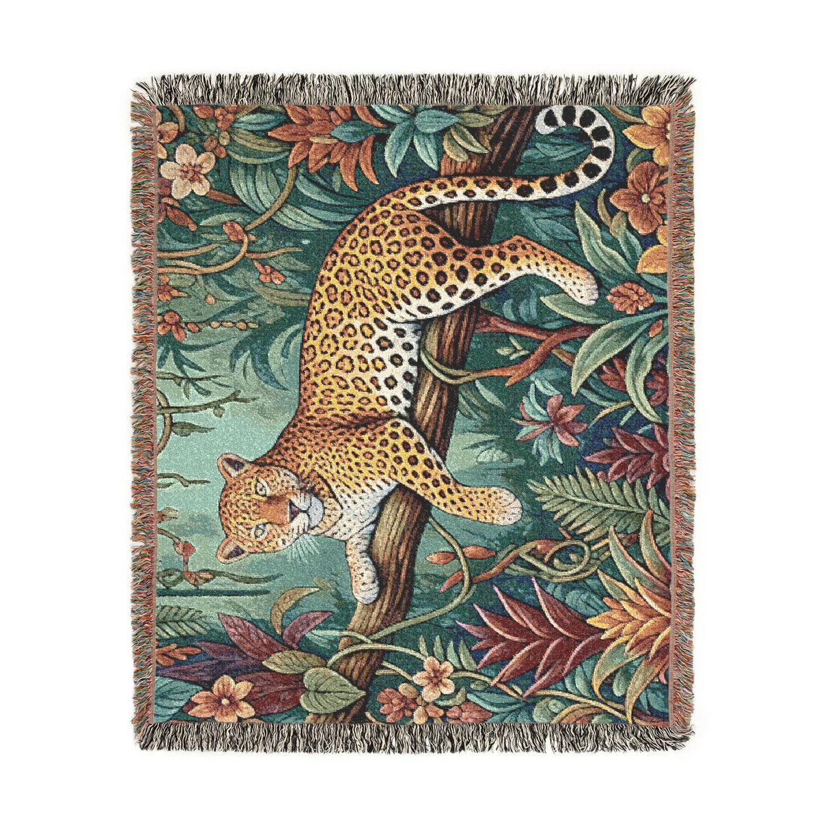 Leopard in Tropical Jungle Woven Blanket | Tapestry Throw with Fringe