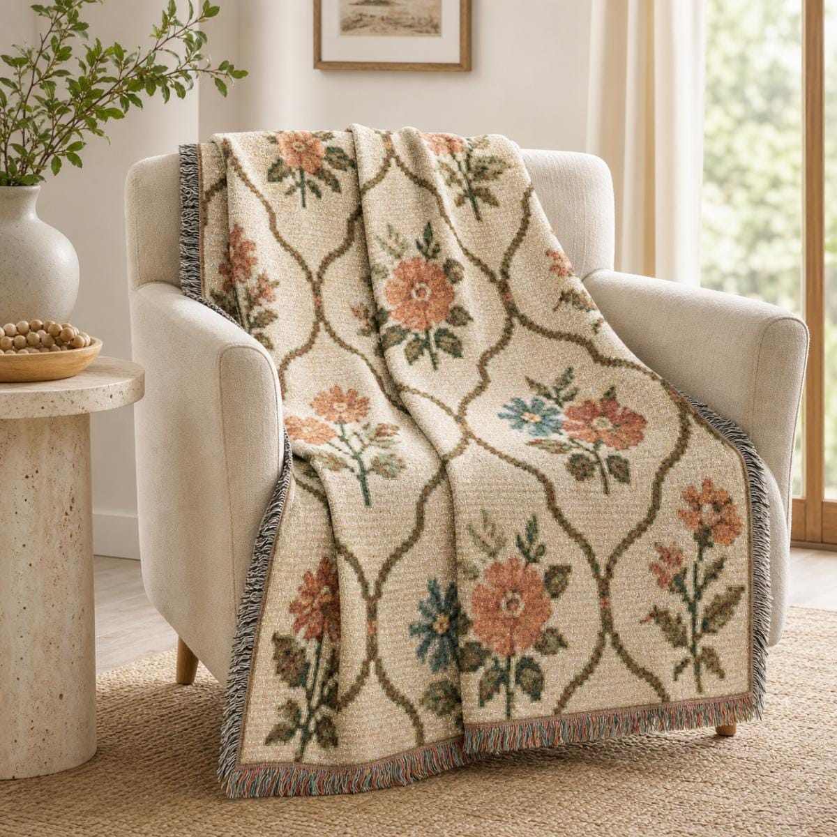 Vintage Floral Trellis Woven Blanket | Tapestry Throw