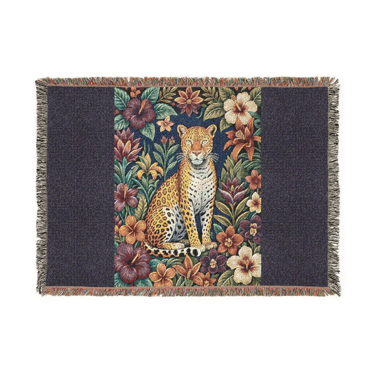 Floral Leopard Tapestry Woven Blanket | Vintage Botanical Cat Motif