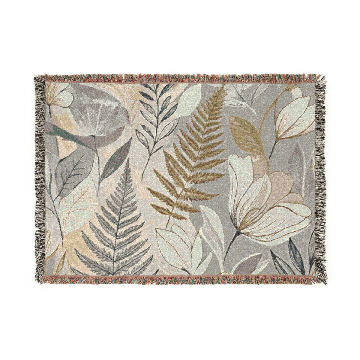 Modern Floral Fern Woven Blanket, Botanical Cotton Throw, Fringed Edges