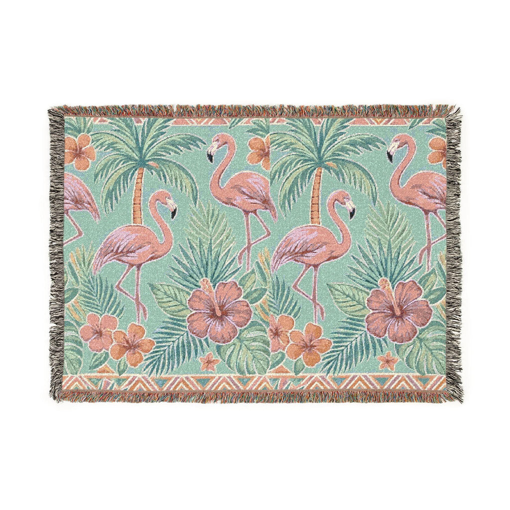 Tropical Flamingo Pattern Blanket | Woven Throw with Palm & Hibiscus