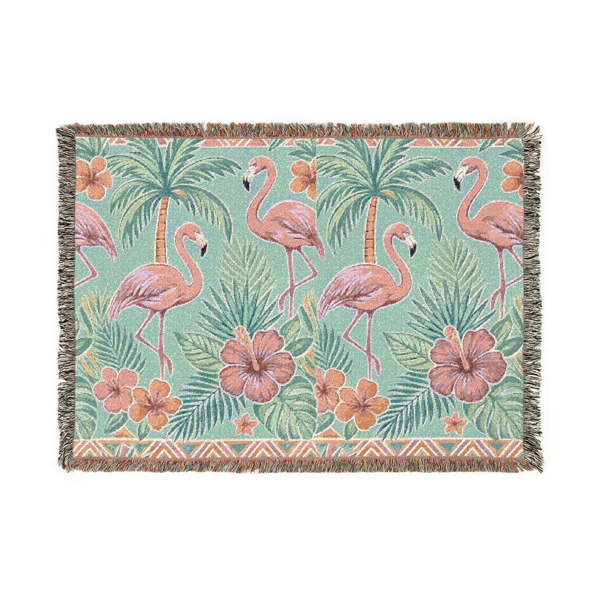 Tropical Flamingo Pattern Blanket | Woven Throw with Palm & Hibiscus