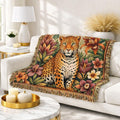 Floral Leopard Woven Blanket | Tapestry Throw, Botanical Animal Design