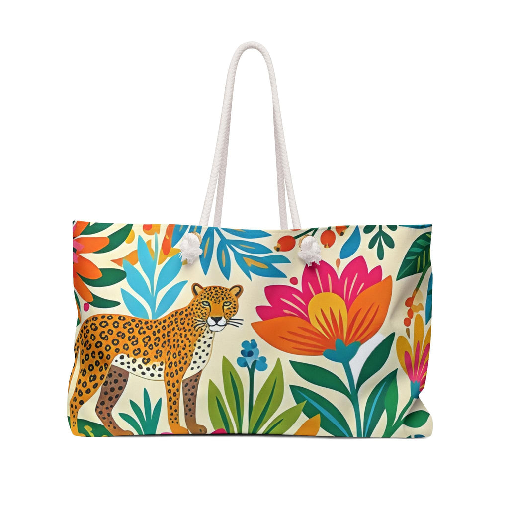 Tropical Leopard Floral Print Weekender Bag | Colorful Botanical Travel Tote