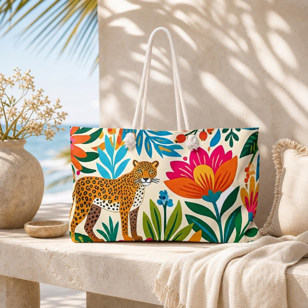 Tropical Leopard Floral Print Weekender Bag | Colorful Botanical Travel Tote