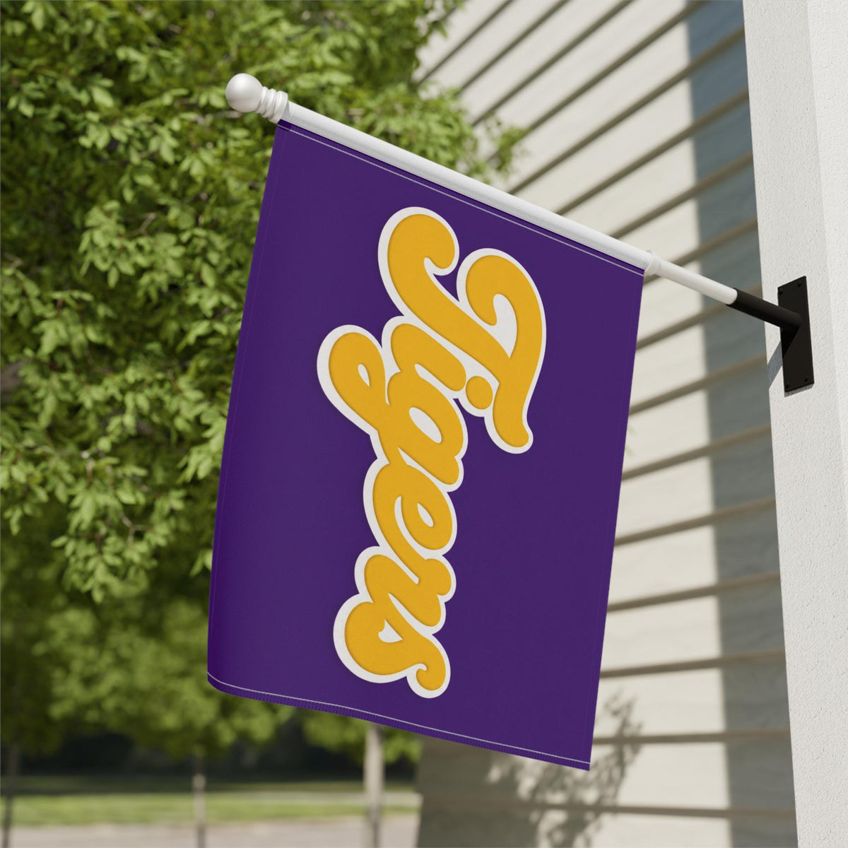 Tigers Garden Flag | Purple Gold Script Outdoor House Banner